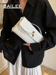 BAILEE 1个新款编织图案单肩法棍包，小众高端横款设计，可手提午餐包，斜挎多功能包，翻盖设计，女士手提包，适合度假、时尚穿搭、与朋友购物以及作为礼物。 - 咖啡 - 查看 6