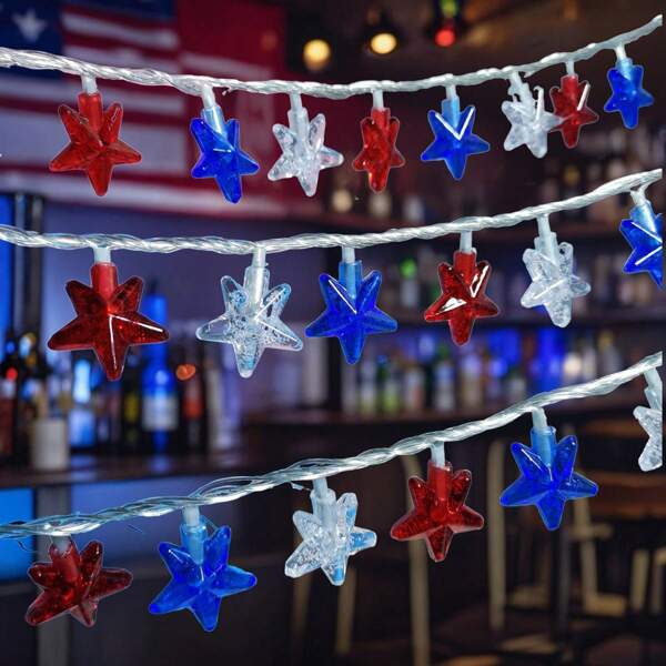 1 peça 10/20/40/80 LED vermelho branco azul estrela luzes de corda, decorações para o Dia da Independência dos Estados Unidos, decoração de cena, luzes de fadas românticas alimentadas por bateria para casa, festa, quarto infantil, quarto
