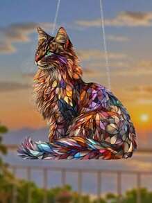 2D Flat Print 1 Piece Colorful Maine Cat Sun Catcher (19cm/7.48in) - Vintage Style 2D Acrylic Fresco With Geometric Design, Interior Hanging Decoration For Bedroom And Living Room, Ideal Cat Lovers Gift