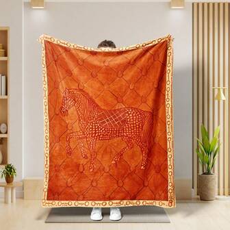 奢华针织提花盖毯 - 优雅的法式风格，四季皆宜的舒适午睡和装饰毯，带有复杂的橙色和灰色图案，柔软的尼龙/涤纶混纺