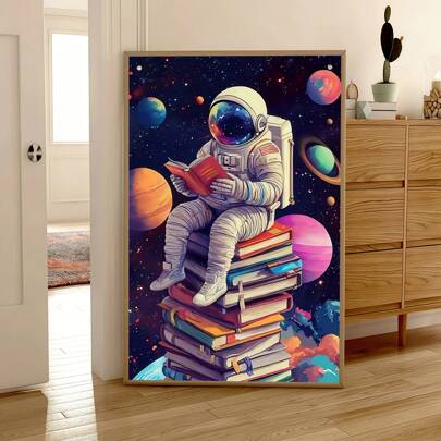 لوحة طباعة على قماش بتصميم فضائي لرائد فضاء جالس على كتاب، ديكور فني حديث للجدران، لوحة مناسبة للمنزل وغرفة النوم والصالة والمطبخ والحمام والمكتب وديكور المنزل وغرفة السكن الجامعي وديكور الغرفة وديكور الجدران وديكور الفصل الدراسي