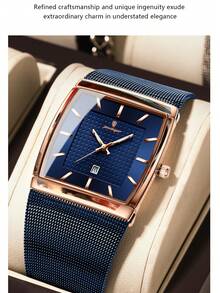 POEDAGAR 1pc Men's Casual Stainless Steel Date Display Wrist Watch, Mesh Strap, Rectangular Dial, Waterproof Luminous, Quartz Business Watch For Daily Wear, Perfect Gift - Blue - View 10