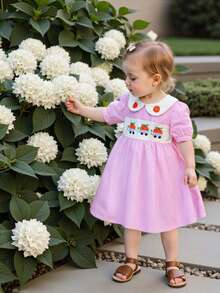 3-7 Years Kids Girls Halloween Dress, Short Sleeve Plaid Embroidery Pumpkin Summer Dress Halloween Costumes - Pink - View 3