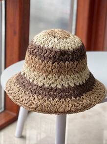 1 pièce Chapeau seau en paille rayé bicolore pour femmes, adapté pour le port quotidien, les sorties d'été et les vacances pour la protection solaire Boho