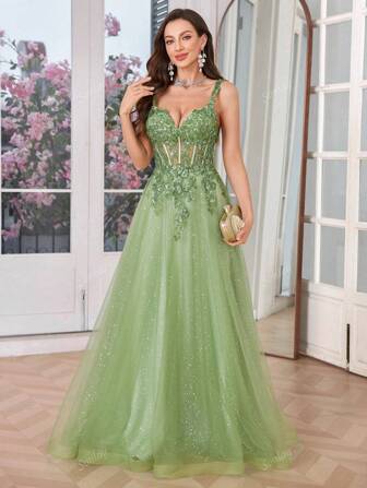 Olive Green Tulle Slip Dress Long A Line Sparkly Embroidery Prom Dress, Party Dress