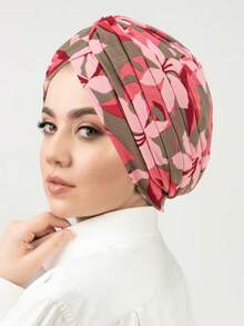 1pc Muslim Printed Headscarf Cap, European & American Style Floral Fabric Turban Hat, Pleated Design For Women For Dress - A - View 5