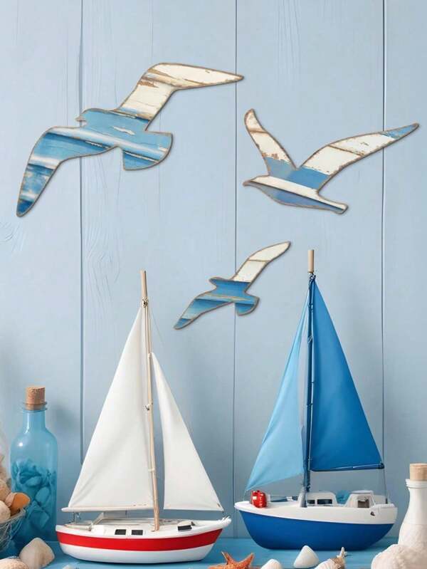 Decor 1/3pcs Wood Nautical Decor Seagull Wall Decor Nautical Coastal Theme Wall Art Adhesive Seagull Wall Sculpture Sea Birds Lake House Ocean Decoration Vintage Ornaments For Home Bathroom Room Decor Bedroom Decor Home Decor