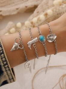 4pcs Western Style Bracelet Set, Retro Cowboy Hat, Cowboy Boot, Bull Head Pendant Adjustable Cowboy Bracelet, Simple Daily Party Jewelry Gift