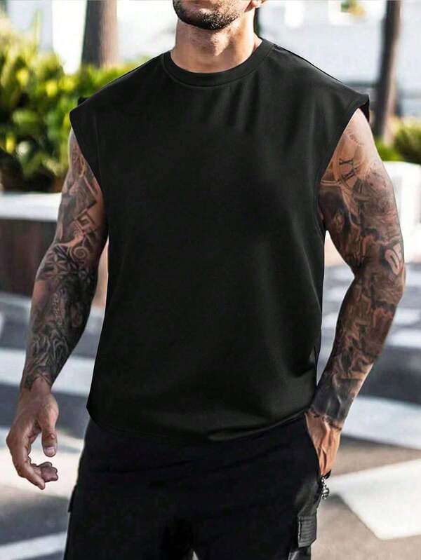 Maiou de vară pentru bărbați, culoare solidă, cu guler rotund, casual, lejer