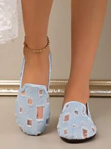 Sapatos Casuais de Denim de Cor Sólida para Mulheres, Sapatos Respiráveis e Antiderrapantes de Bico Redondo, Sapatos Planos Clássicos Vazados para Mulheres, Sapatos Casuais de Cano Baixo com Capuz de Cor Sólida, Sapatos Confortáveis para Mulheres, Sapatos para Uso Externo