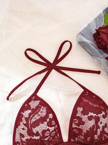 Women's Burgundy V-Neck,Lace Splicing,Backless And Sheer Mesh,Bow Decoration,Lace Up,Teddy Sexy Bodysuit ﻿