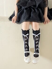 1 Pair Girls Knee-High Socks With Ribbon Hollow Out Breathable Casual Vacation University Style Party Wear