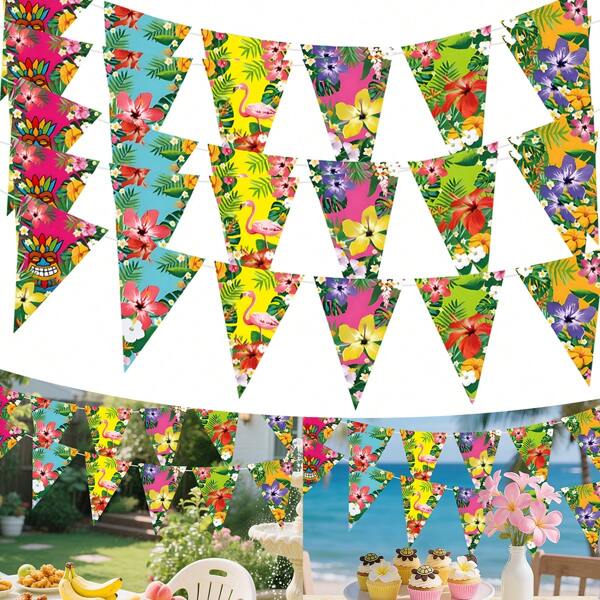1/3 paquets Banderole hawaïenne 12/36 drapeaux Banderole à fanions tropicale pour fête luau Fleurs papier banderole triangulaire décorations pour fête d'été luau piscine cocktail anniversaire fournitures de décoration Décorations d'anniversaire Tapisserie Décoration de chambre Décorations de fête