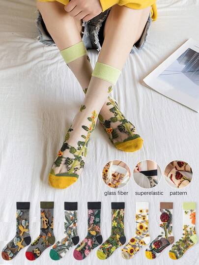 4/8 Pairs Summer Thin Crystal Socks, Glass Silk Mid-Calf Socks, Anti-Snag Fashion Socks, Artistic Floral Socks, Personalized Sheer Stockings For Women