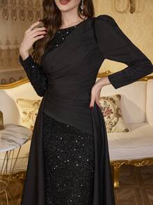 UNITHORSE Round Neck Sequin Patchwork Polyester Waist Fitted Solid Color Fishtail Evening Dress, Bride Dress, Birthday Women Outfits, Graduation Dress, Formal Dress. Fall Women Clothes - màu đen - Xem 7