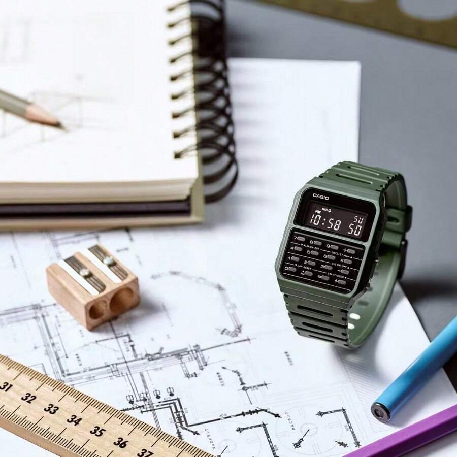 Casio CA53WF Vintage Calculator Watch – Dual Time, Stopwatch, Water Resistant, Soft Resin Strap – Classic Data Bank Timepiece In Multiple Color Variants - xanh quân đội - Xem 1
