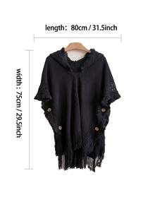 1pc Women Solid Color Hooded Button Poncho, Bohemian Style, Knitted Warm Pullover Outerwear For Daily Wear, Autumn/Winter - Black - View 4