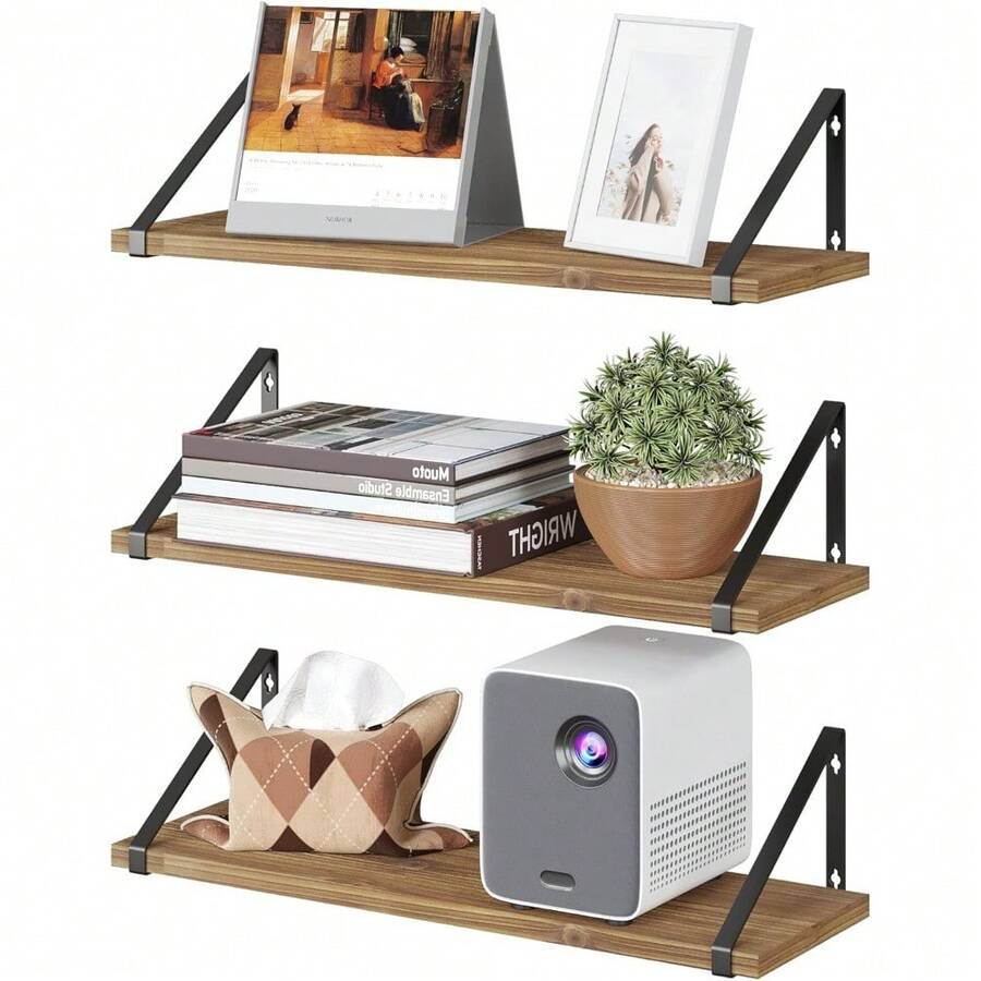 Estantes flotantes de madera rústica, pequeña estantería para la sala de estar, oficina, dormitorio, con soporte de metal - Paquete de 3 luces carbonizadas de 17" de ancho y 6" de profundidad - Ver 1