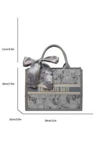 1pc Fashionable Women Handbag, Large Capacity, Square Style, Lightweight, Elegant Scarf Decor, Scratch & Abrasion Resistant Material, Suitable For Shopping, Dating, Gatherings, Commuting, Letter Pattern, Graceful Minimalist Casual Grey & Pink Ladies Tote Bag (11in*7.9in*3.9in)