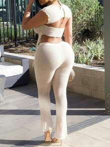 2pcs/Set Knitted Jacquard & Hollow Metal Summer Set - Apricot - View 2