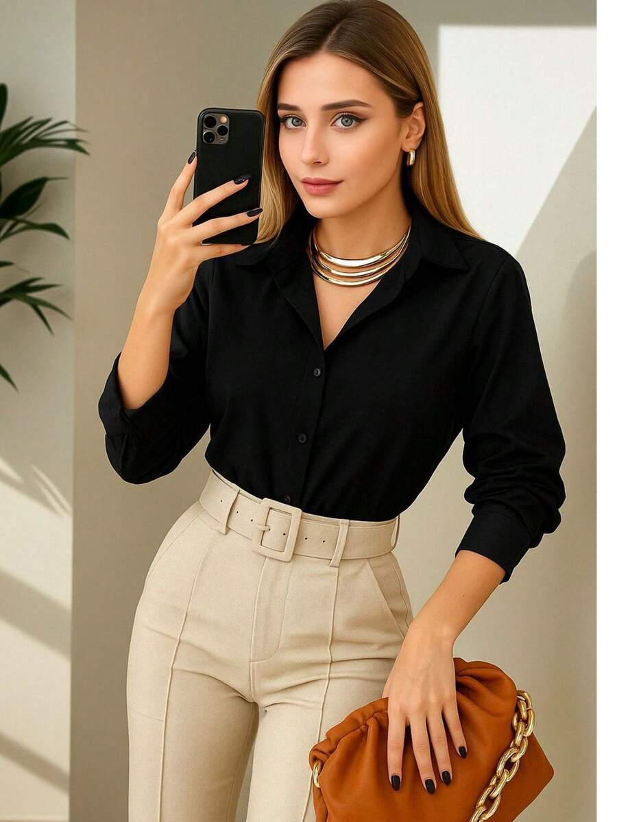 Women's Long Sleeve Plain Dress Shirt With Buttons Buttons On The Front Button - màu đen - Xem 1