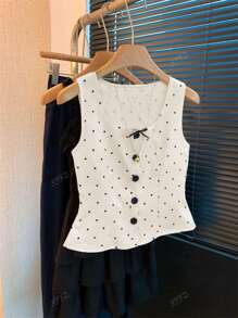 Women's Elegant Casual Black & White Polka Dot Bow Decor Button Front Camisole Tank Top, Summer All-Match Versatile Design