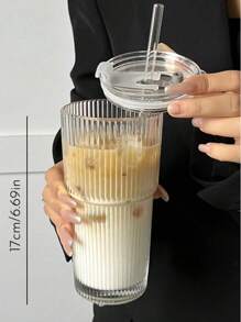1 pieza, Vaso de vidrio a rayas con pajita y tapa - 600ml, Vaso de vidrio visualmente atractivo apto para café, té, leche, americano helado y bebidas con leche, decoración de otoño, decoración de invierno, decoración de habitación, decoración del hogar