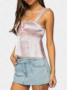 Women Lace Satin Patchwork Tank Tops Babydoll Camisole Slim Lace Trim Square Neck Wide Strap Sleeveless Backless Summer Going Out Cropped Tops - Hồng - Xem 2