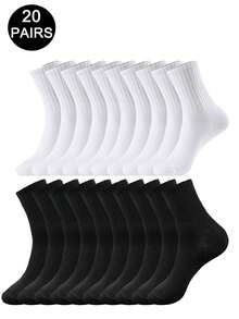 5/10/20 Pairs Solid Black & White Thick Striped Mid-Calf Socks, Comfortable Sports Socks For All Season - Multicolor - View 1