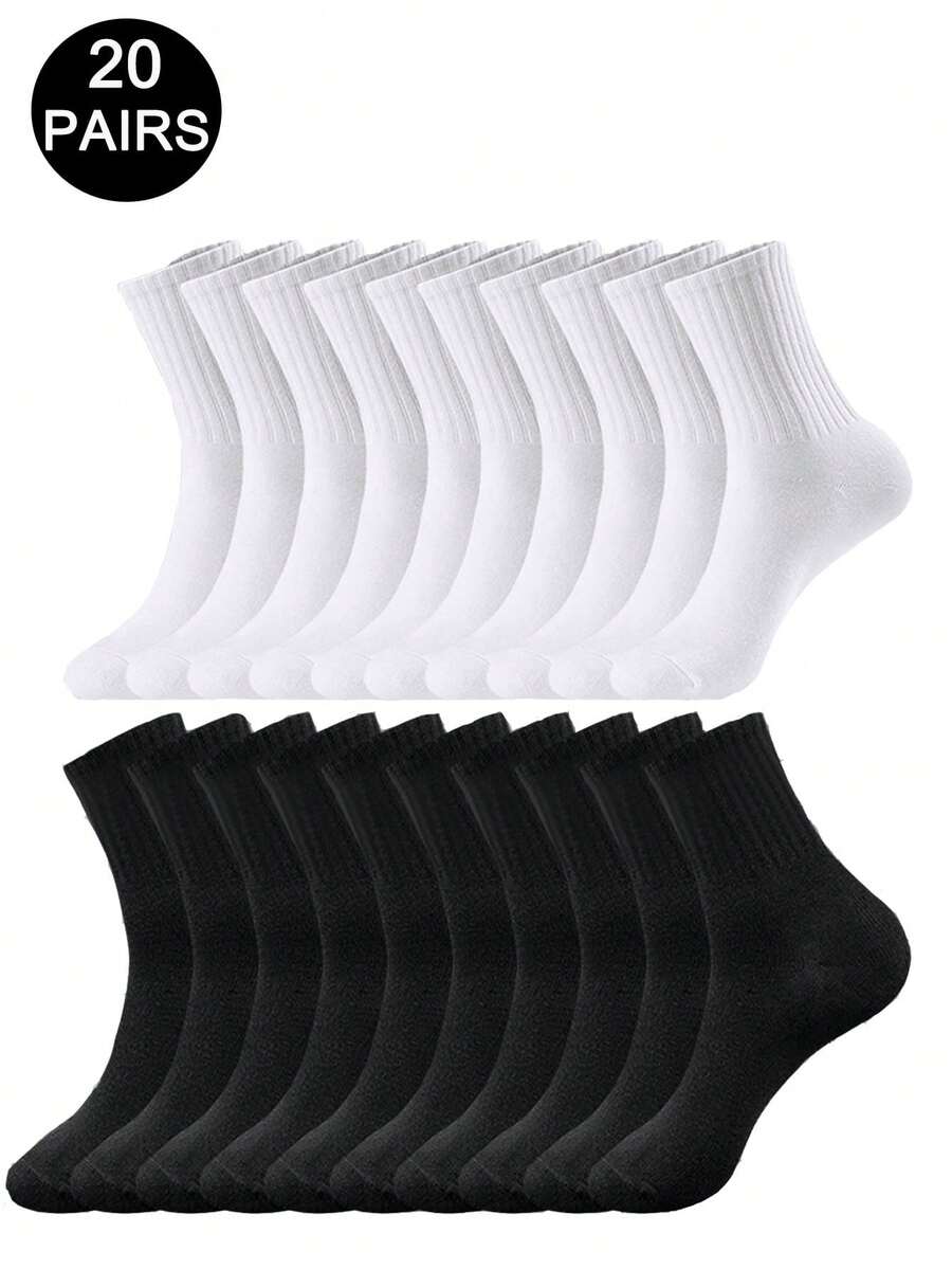 5/10/20 Pairs Solid Black & White Thick Striped Mid-Calf Socks, Comfortable Sports Socks For All Season - Multicolor - View 1
