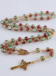 GO2CJBEADS 1 pieza Collar con colgante de cruz de 10mm con 59 cuentas de cristal de colores variados, estilo casual. Collar de oraciones católicas con cuentas de cristal agrietadas, colgante de cruz en cadena larga para suéter.