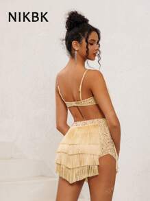 NIKBK Vestidos cortos de cóctel para mujer con tirantes de espagueti, escote en V, sexy, con strass y flecos, corpiño discreto