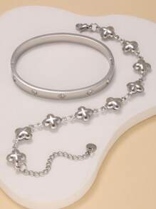 Vintage Fashion Floral Bracelet & Clover Bracelet Set, Minimalist Yet Chic Jewelry Suitable For Everyday Wear