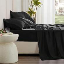 Love's Cabin Satin Sheets Set - 4 Piece Pink Silky Bed Sheets Set With Deep Pocket, Luxury Silk Feel Satin Size Sheet Set (1 Flat Sheet,1 Fitted Sheet,2 Pillow Cases) - 黑色 - 查看 8