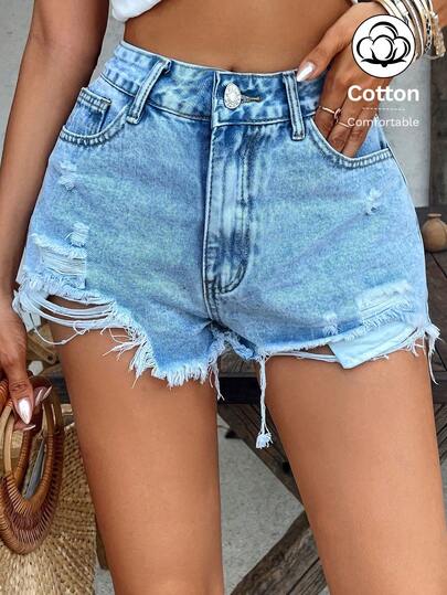 Mobula Sound Young Women' Sexy Y2K Music Festival Style Distressed Casual Denim Shorts, Fashion Vacation Suitable For Spring And Summer
