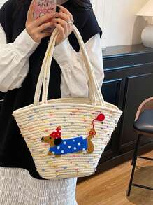 Cotton String One Shoulder Tote Bag For Women, Large Capacity Woven Bag, Ideal For Beach Vacation, Summer