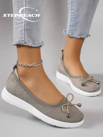 STEPREACH 女士休闲运动鞋，时尚透气轻便防滑耐磨运动鞋，卡其色蝴蝶结平底乐福鞋，春秋季