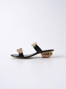 CHICVUE صنادل نسائية جديدة بأسلوب صيفي، مرصعة بالراين الأسود، أنيقة وجذابة، هدايا عيد الحب والكريسماس والشتاء - الأسود - مشاهدة 3