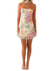 Women Mini Dress, Strapless Backless Flower/Solid Slim Fit Summer Tube Dress Clubwear With Scarf - Màu be - Xem 8