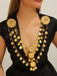 1 件夸张金币流苏女士服装配饰项链，可作为围兜项链佩戴，适合女性派对、婚礼的身体首饰 - 金色 - 查看 8