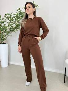 WOMEN'S SET OF PANTS AND LONG SLEEVE SWEATSHIRT, COMFORTABLE AND STYLISH - Rỉ Nâu - Xem 2