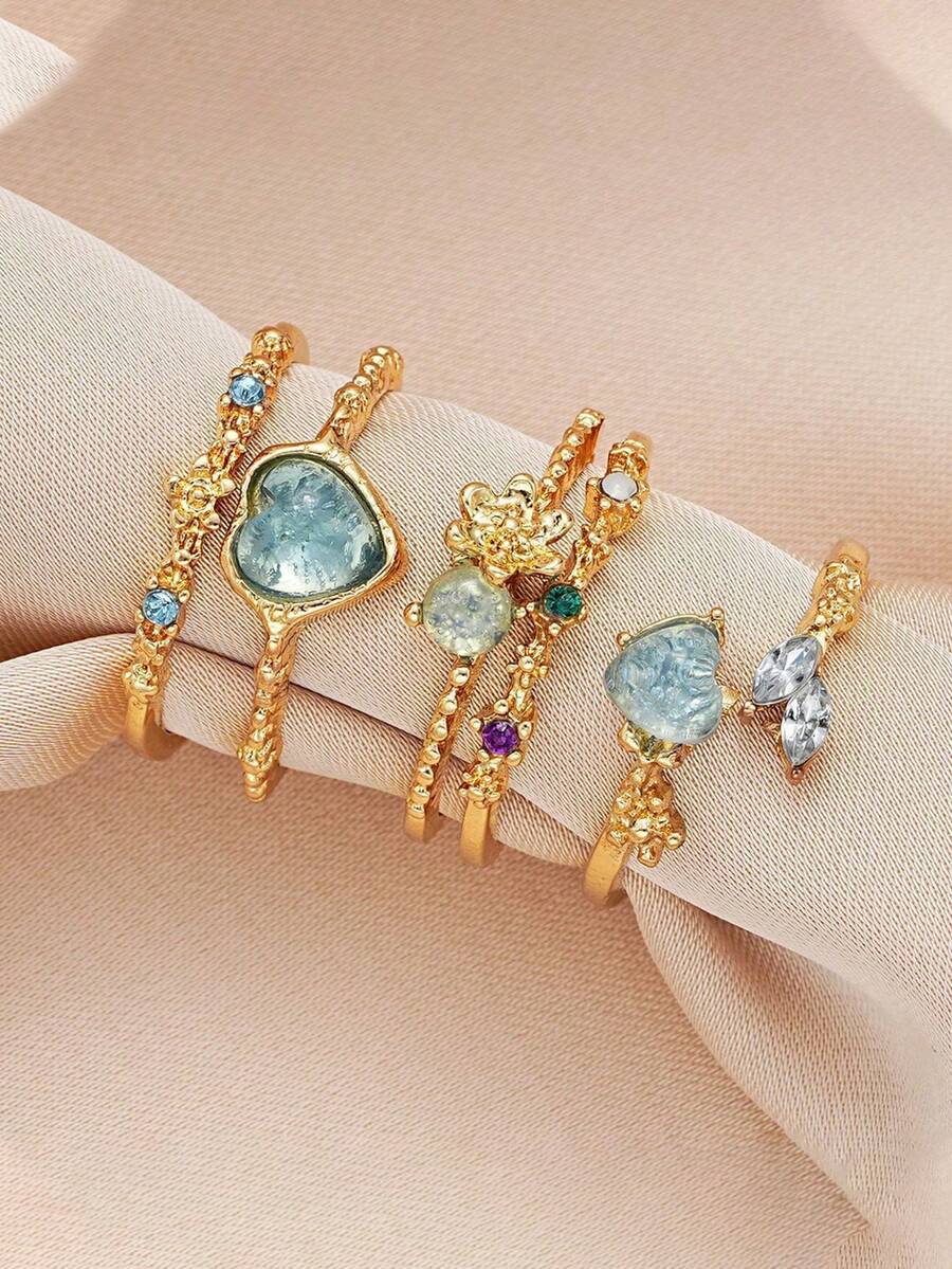 3 件 Y2K 花卉水晶女孩戒指套装，创意礼物，优雅珠宝系列，适合日常、派对、度假 - 金色 - 查看 1