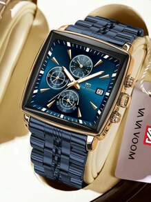 VA VA VOOM 1 PEÇA Relógio Masculino 2025 Novo Quadrado Multifuncional Movimento de Quartzo Relógio de Luxo com Cronômetro Pulseira de Aço Inoxidável Marca VA VA VOOM Original Calendário Luz Noturna Relógio Dourado & Prata & Azul & Preto Simulado Negócio Lazer Esporte Presente Relógio de Pulso