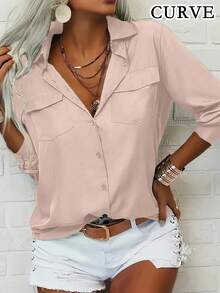 大码女式纯色翻领领带长袖衬衫，春季 - 淺粉色 - 查看 2