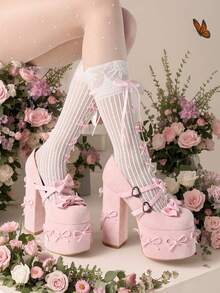 2025 Y2K Mary Jane Heels For Women Platform Chunky Bow Heels Round Toe Ankle Strap Shoes Lolita High Heeled Sandals Princess Shoes - Hồng - Xem 3