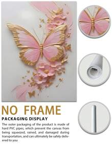 3Pcs/Set, Optional Frame, High Quality Print Painting, Modern Style, Butterfly, Pink, Gold, Flowers, Three-Dimensional Craft, Sweet Style, Home Decoration, Decorative Painting, Suitable For Living Room, Sofa, Bed, Hallway, Bedroom, Bathroom, Office, Perfect Art Gift