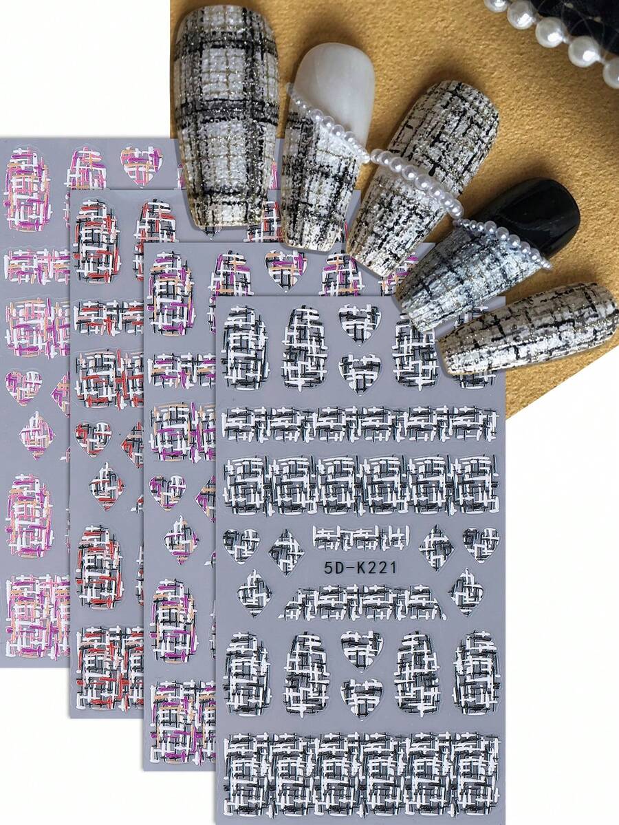 1张5D优雅格子美甲贴纸，美甲装饰贴纸，蓝、黑、白、粉、紫格子图案设计贴纸，韩式美甲贴纸，DIY美甲沙龙配件