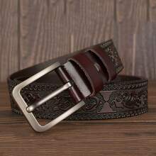 Men's Vintage Genuine Leather Belt, Metal Buckle - Intricate Floral Engraved Design, Suitable For Business And Casual Wear - Ideal Gift For Father Or Husband, Suitable For Summer, Campus, Business Occasions, Boyfriend, Husband, Father, Dad, Etc. - Multicolor - View 5