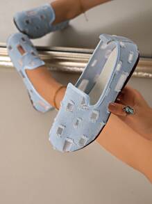 Sapatos Casuais de Denim de Cor Sólida para Mulheres, Sapatos Respiráveis e Antiderrapantes de Bico Redondo, Sapatos Planos Clássicos Vazados para Mulheres, Sapatos Casuais de Cano Baixo com Capuz de Cor Sólida, Sapatos Confortáveis para Mulheres, Sapatos para Uso Externo