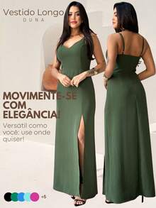 Long Plain Dress With Slit And Adjustable Straps For Wedding Party Bridesmaid Guest - Hijau Tentara - View 1